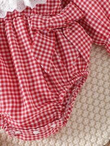 1pc Baby Girls' Cute Strawberry Plaid Bodysuit, Lightweight For Spring/Autumn - Red - View 5