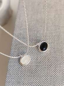 S925 Sterling Silver Women's New Black, White And Light Blue Gemstone Necklace, Minimalist Elegant Vibe Oval Pendant
