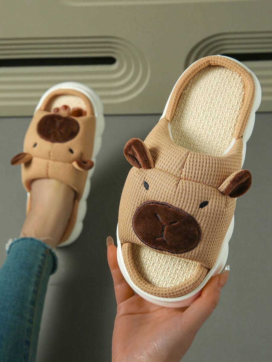 Cute Bear Shape EVA Linen Slippers, Thick Non-Slip Sole, Comfortable Indoor Slippers, Cartoon Bear Design Linen Slippers With Thick Non-Slip Sole, Breathable And Comfortable For Home Use
