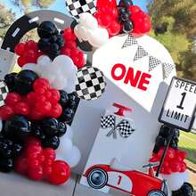 109 piezas/set Guirnalda de coches de carreras Balloon, látex rojo, negro, blanco, lámina a cuadros de 18" en blanco y negro adecuado para ducha, coche, fiestas de camiones, decoraciones de cumpleaños con temática de coche de carrera, decoración de fiesta de aniversario para hombres - rojo y negro - Ver 5