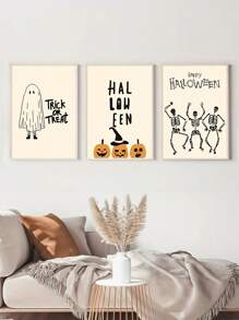 3pcs Halloween Canvas Wall Arts Set - Vibrant Skull & Pumpkin Prints , Frameless Polyester Posters, Perfect For Living Room, Bedroom, Hallway Decor, Halloween Decorations, Perfect For Fall Room Decor Home Decor Fall Decor