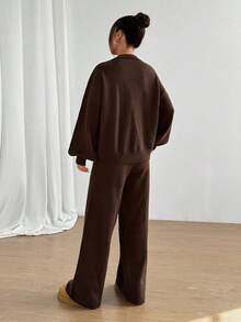 2pcs Knitted Tie-Up Cardigan + Wide Leg Pants Set, Casual & Slimming European & American Ins Style Fashion Outfit For Women