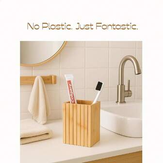 Natural Bamboo Toothbrush Holder, Fluted Square Design For Countertop, Multipurpose Pen Holder Or Desktop Organizer, Natural