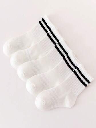 6 Pairs Children White Breathable Sport Socks, Boys And Girls Middle & Elementary School Students Mid-Calf Socks, Black And White, Suitable For School, Sports, Home And Daily Wear, Spring & Autumn