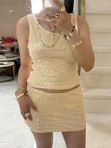 Women's .Y 2 Pieces Outfits Sequin Sparlle Glitter Crop Tank Top Bodycon Mini Skirt Set For Party Night Out Dating - 香檳色 - 查看 2