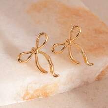 1 Pair Fashionable Luxury Elegant Gold Metal Bowknot Stud Earrings For Women, Suitable For Daily, Banquet, Party Wear