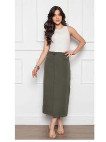 W167 Women's Midi Skirt Side Detail Fake Pocket Zipper Back Simple Sexy Polyester Skirt Beach Evening Holiday Wedding Sports Office All - 苔綠色 - 查看 5