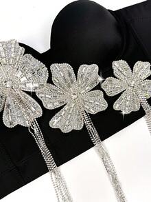 黑色钻石镶嵌闪亮花卉吊带背心，性感女士鱼骨束身胸衣休闲夏季款 - 黑色 - 查看 4