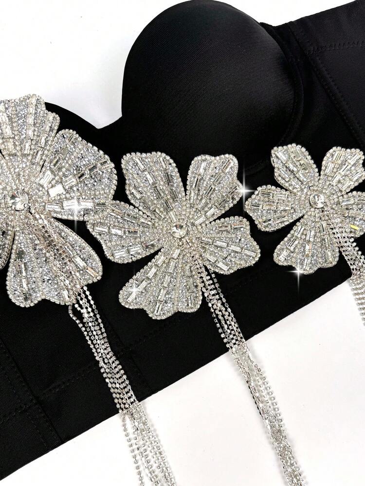 كامي مزين بالأزهار اللامعة بالألماس الأسود، ملابس علوية سرة نسائي جذاب بتصميم عظام السمك - الأسود - مشاهدة 4