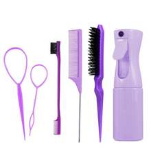 Juego de herramientas de peinado de seis: peine de peinado, peine de desenredado, cepillo de cejas de doble punta, peine de aguja de acero, aguja para tirar del cabello, botella de spray - Morado - Ver 10