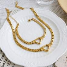 1pc Minimalist Stainless Steel Flower Folded Golden Bracelet & Necklace Set, Versatile Daily Wear Unisex Jewelry
