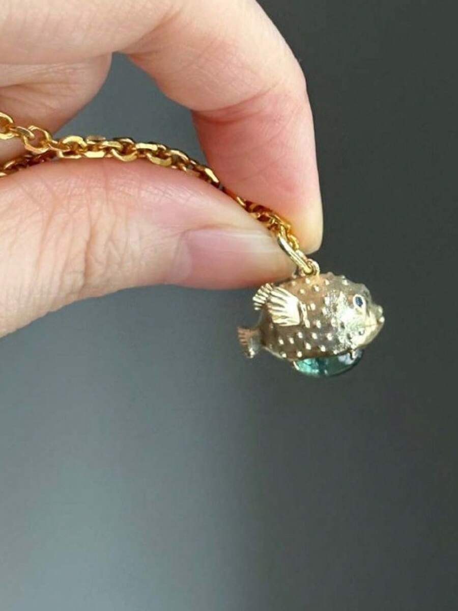 1 pieza Collar con colgante de pez globo, pulpo o medusa de la serie oceánica de moda de verano, hecho de piedra natural, chapado en oro de 18k. Adecuado para vacaciones en la playa y viajes festivos. Joyería para damas. - Dorado - Ver 1