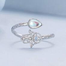 WOSTU 1 pièce Bague d'ouverture en argent sterling 925 Main de Fatima Lucky avec Moonstones arc-en-ciel en forme de larme. Bague empilable, bijoux pour une fête, cadeau