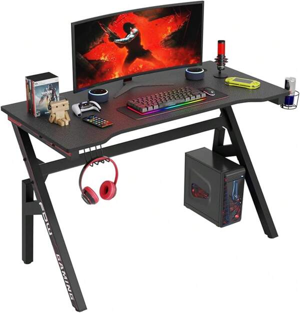 47 Inch Gaming Desk PC Carbon Fiber Table Ultimate Gamer Workstation With Cup Holder & Headphone Hook For Home Office,Red