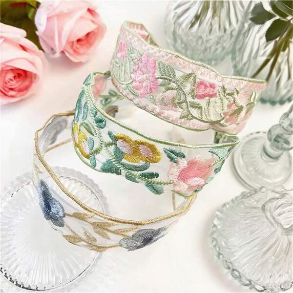 Bohemian Flower Embroidered Lace Headband - Women's Wide Soft Fabric Headband, Suitable For Thin Faces And Hairstyles, High Crown Headband For Daily Use At Birthday Parties And Weddings | Bohemian Style Headband | Soft Fabric Headband, Headband Hair Accessories, Hairband Headband For Women ,Hair Accessories, Diadema, Hair Hoop