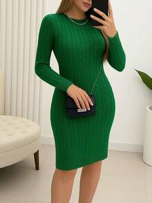 Women's Long Sleeve Modal Knit Dress With Braids, Winter Fashion - Cờ xanh - Xem 1