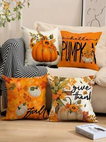 4pcs/1pc Autumn Thanksgiving Themed Pillowcase - Sunflower, Pumpkin, Maple Leaf Design, Modern Style, Happy Autumn Party Decoration Cushion Cover, Used For Room Decoration, Home Decoration, Living Room, Sofa And Bedroom Decoration Cushion Cover | 45 * 45cm | Zipper Closure | Soft And Comfortable Fabric - Durable, Fade Resistant, Machine Washable, Suitable For Home Decoration In Autumn And Thanksgiving, Without Padding
