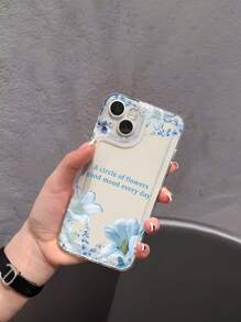 1pc Custom Text Mobile Phone Case, Fashionable Blue Lily Flower Pattern Soft Transparent TPU Full Coverage Anti-Slip Case For IPhone 16 Pro Max/15 Pro/14 Plus/13 Pro/12 Pro Max/11/XS Max/8/7 Phone Accessories