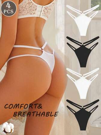 4件装纯色条纹镂空低腰性感女式丁字裤