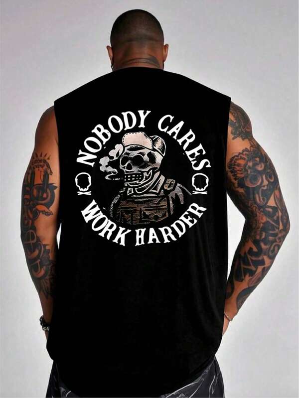 Plus Size Men's Casual Skeleton & Letter Print Tank Top
