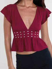 Women's Studded Tank Tops Flying Sleeve Deep V Neck Solid Color Slim Fit Tops Summer Shirts - Burgundy - View 1