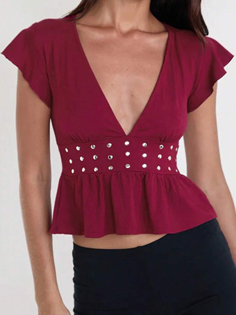 Women's Studded Tank Tops Flying Sleeve Deep V Neck Solid Color Slim Fit Tops Summer Shirts - Burgundy - View 1
