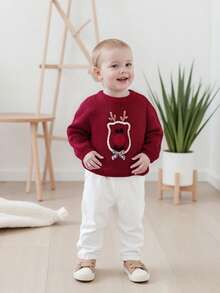 Toddler Girls Boys Sweater Christmas Clothes Deer Embroidery Crew Neck Long Sleeve Kids Pullovers Fall Tops - Red - View 5