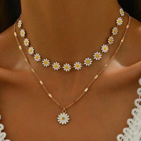 2pcs/Set Vintage Double-Layer Daisy Flower Pendant Necklace, Handcrafted Multi-Layer Floral Choker Necklace For Everyday, Vacation, Travel, Photography, Adjustable Chain Length