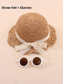 1 件男女通用儿童太阳帽，带蕾丝帽檐的草帽，夏季防晒帽 - 草帽+眼鏡 - 查看 6