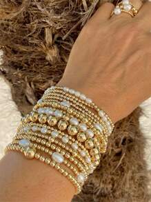 3/4/5/6/7/15pcs Set Of Stacked Gold Bracelets For Women And Girls, Mixed Bead Shaped Pearl Bracelet With Gold Plated Elastic Bead Ball Bracelet Set, Daily Surprise Gift Jewelry
