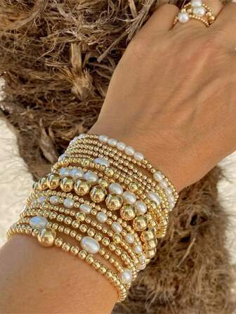 3/4/5/6/7/15pcs Set Of Stacked Gold Bracelets For Women And Girls, Mixed Bead Shaped Pearl Bracelet With Gold Plated Elastic Bead Ball Bracelet Set, Daily Surprise Gift Jewelry