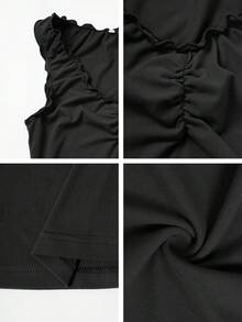 Vaiaye Women's Solid Color Frill Trim V-Neck Cropped Form-Fitting Camisole Suitable For Back To School,Sport And Daily - Black - View 11