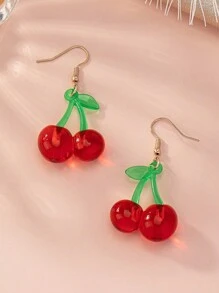 Boucles d'oreilles pendantes en forme de cerise mignonne pour femmes, design de fruits en résine rouge vif avec feuilles vertes, style coréen, parfait pour les tenues d'été, les fêtes et les looks chics quotidiens
