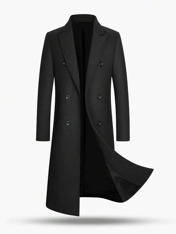 Men's Solid Color Knee-Length Business Wool Blend Overcoat, Simple Lapel Double-Breasted Commute Windbreaker Outerwear, Autumn/Winter