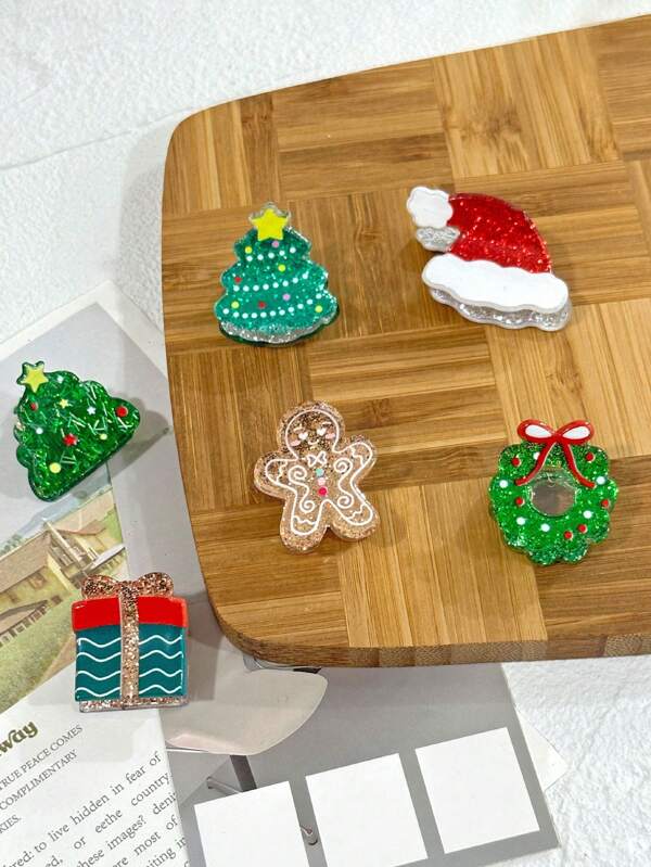 1 pieza de Miniganchos navideños con diseños de Gorro de Santa, Hombre de pan de jengibre, Caja de Navidad y Árbol de Navidad - Divertidos y lindos pasadores para el cabello, decoración de fiestas, recomendación de regalo para mujeres