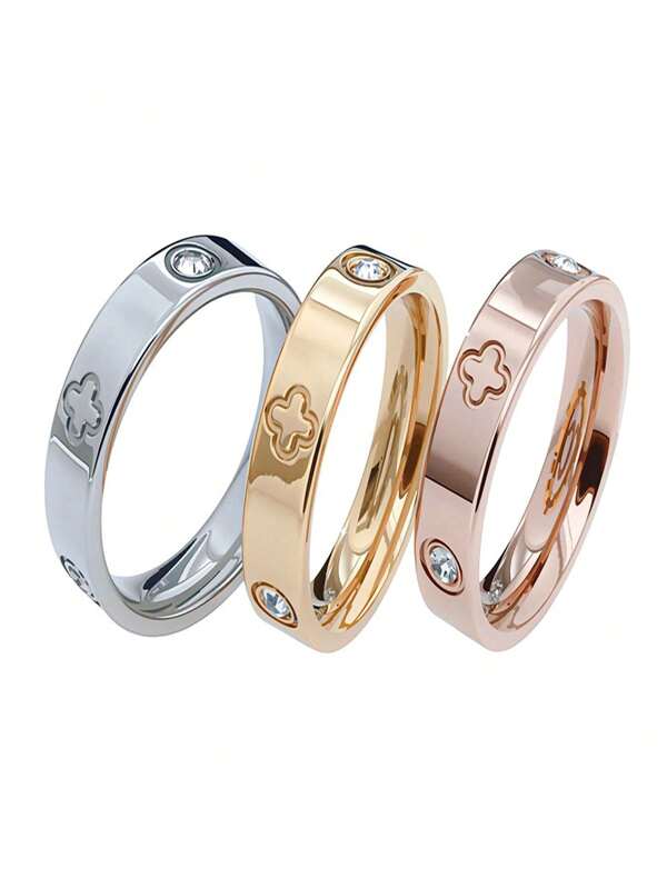 Bague croix en acier inoxydable poli avec strass, bague design trèfle porte-bonheur. Tailles du 6# au 11# disponibles, convient aux hommes et aux femmes, pour un port quotidien, anniversaire, cadeaux de mariage