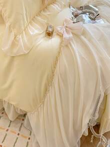 3 件套公主风格蕾丝床上用品套装，白色蝴蝶结装饰羽绒被套和枕套（无填充物）