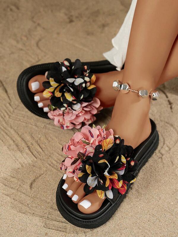 Sandalias/chinelas minimalistas para mujer, con decoración floral, suela gruesa, de uso casual, cómodas, para playa y vacaciones, tipo slip-on y planas