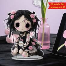 1 pieza Muñeca gótica plana y linda de acrílico para decoración de escritorio, diseño [plano 2D] único con cabello rosa, calavera blanca, rosa negra y atuendo delicado, adecuado para Halloween, bar, cafetería o regalo a amigos