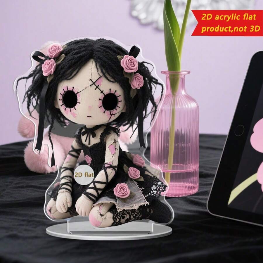 1 pieza Muñeca gótica plana y linda de acrílico para decoración de escritorio, diseño [plano 2D] único con cabello rosa, calavera blanca, rosa negra y atuendo delicado, adecuado para Halloween, bar, cafetería o regalo a amigos