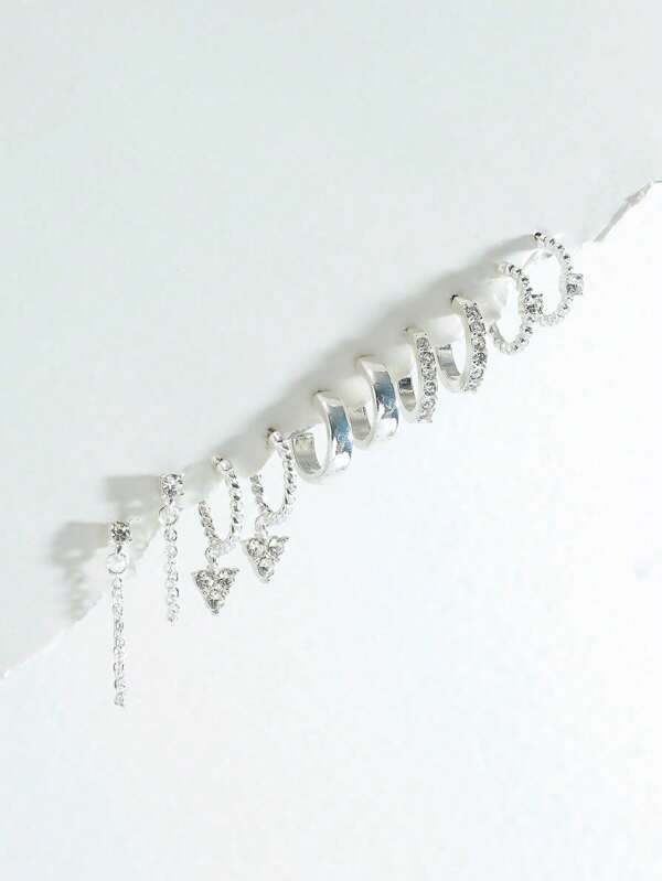 10pcs/Set Minimalist Personalized Geometric Plastic Rhinestone Earrings Set, Suitable For Women's Daily Or Party Wear