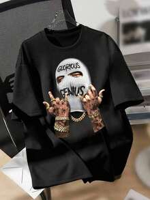Men's Fashionable Masked Person Printed Round Neck Short Sleeve T-Shirt, White Hood + Handprint Graphic, Street Style