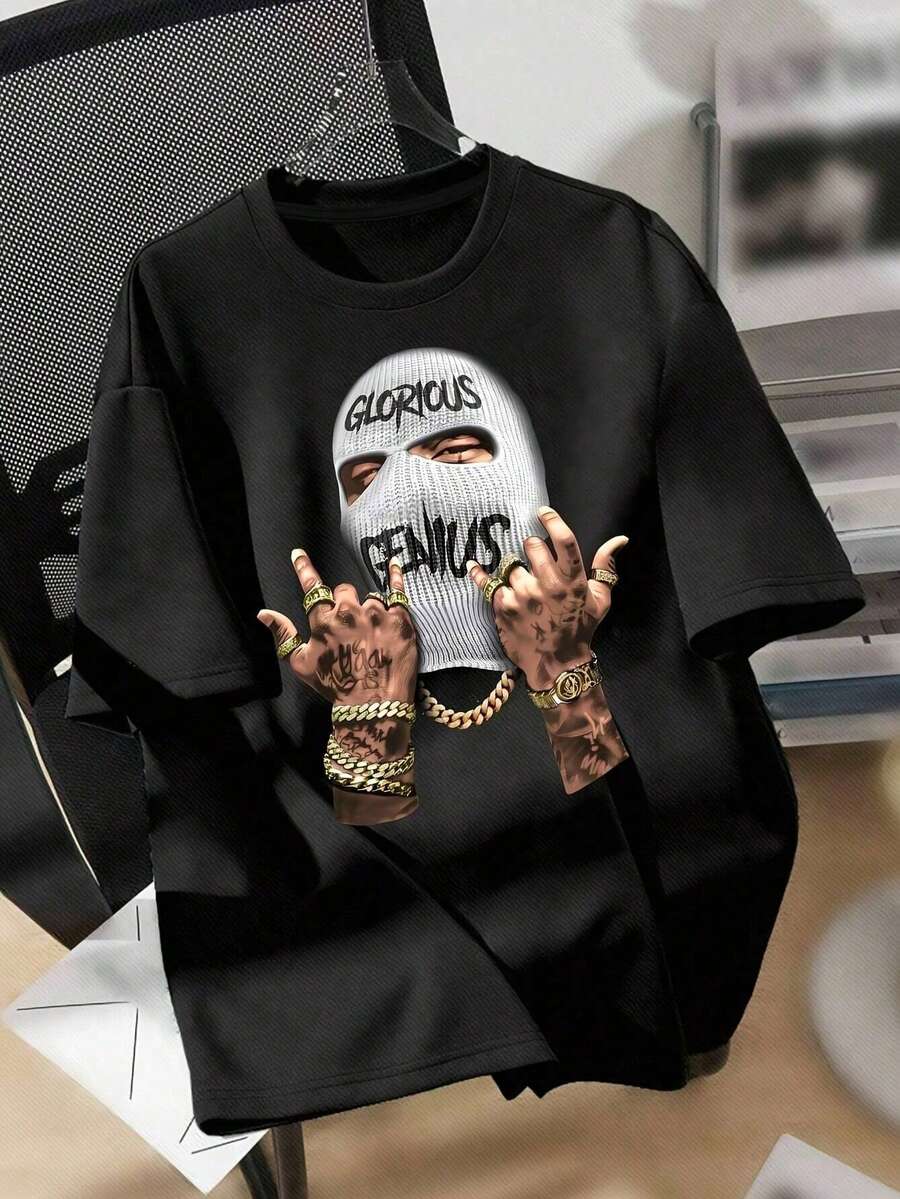 Men's Fashionable Masked Person Printed Round Neck Short Sleeve T-Shirt, White Hood + Handprint Graphic, Street Style