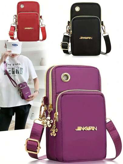 Mini Phone Pouch, Wrist Strap Bag, Multifunctional Small Bag (Suitable For Women's Phones), Fashionable Zipper Wallet, Casual Clutch Bag, Multifunctional Phone Bag, Wrist Strap Bag, Small Crossbody Bag, Multi-Zipper Metal Decor Phone Shoulder Bag, Portable Handbag, Arm Sleeve, Popular Linen Material Phone Bag