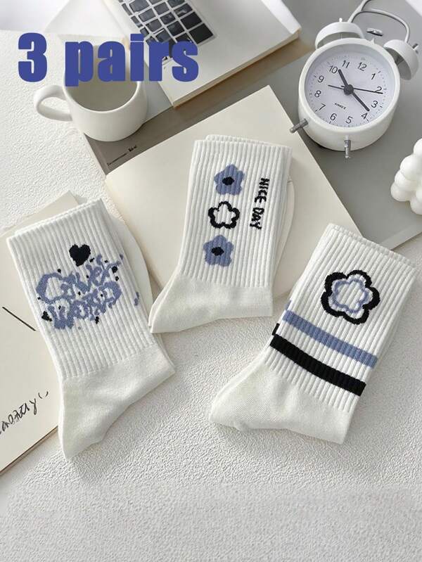 3 Pairs Women Floral & Striped Mid-Calf Socks, Versatile Casual Mid-Calf Socks In Blue, Simple & Comfortable For Daily Wear, Spring & Summer