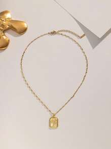 1pc Stainless Steel Square Flower Design Pendant Necklace, Vintage Fashion Street Style For Daily Wear And Party