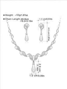 3 件套白金色夹式耳环项链婚礼首饰套装，无需穿孔，新娘配饰