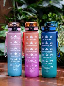 1pc 1000ml/32oz Large Capacity Frosted Gradient Direct Drink Plastic Water Bottle With Time Drinking Scale Mark, Handle Strap For Easy Carrying, Suitable For Cycling, Running, Fitness, Mother's Day, Father's Day, Graduation Gift