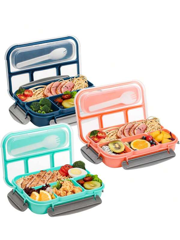 Caja de almuerzo Bento de 4 compartimentos con cuchara, recipientes de preparación de comidas de 34 Oz/1L de plástico con 4 compartimentos, contenedor hermético para almacenamiento de alimentos y snacks para el trabajo, el hogar, la escuela, en azul, verde, rosa. Apto para microondas, lavavajillas y congelador - Perfecto para comidas para llevar, la cocina, regalo de Navidad