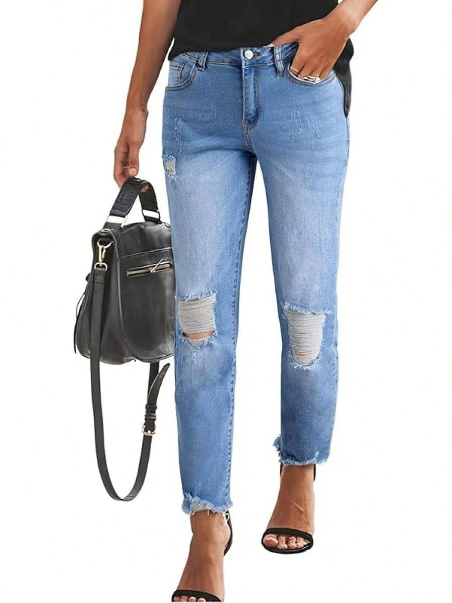 Sidefeel Women's Boyfriend Jeans Stretchy Ripped Distressed Zimbaplatinum Pants Size 4-18 - Sky Blue - View 1